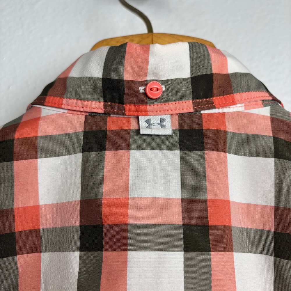 Under Armour Mens L Plaid Button Up Shirt Orange Gray HeatGear Vent Short Sleeve - Picture 3 of 13